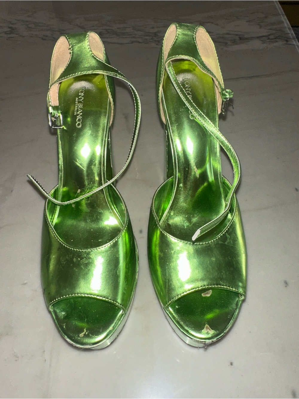 Tony Bianco Metallic Green Peep-Toe Slingback Heels